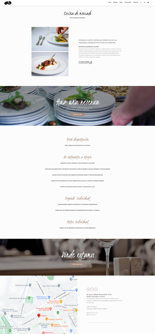 Restaurant website: Project fully resolved from layout, text content, HTML, CSS, JavaScript, photography and editing. Coconut website