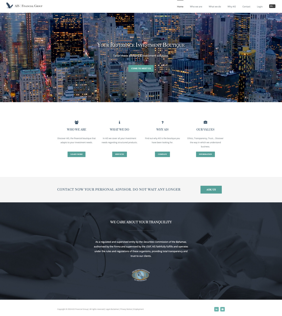 Fintech website: Project fully resolved from layout, text content, HTML, CSS, JavaScript, video, audio, photography and editing. AIS Financial Group website