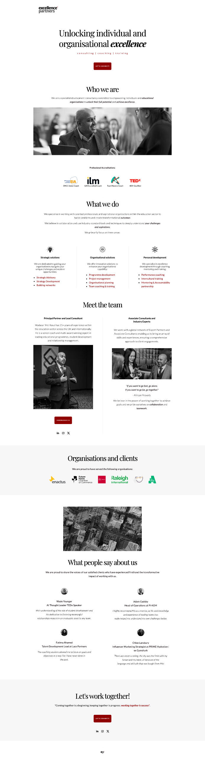 Consulting website: Layout design, interface interactions, photo and graphic editing, hosting configuration, security assistance, SEO, Google Search Console, Google Analytics.